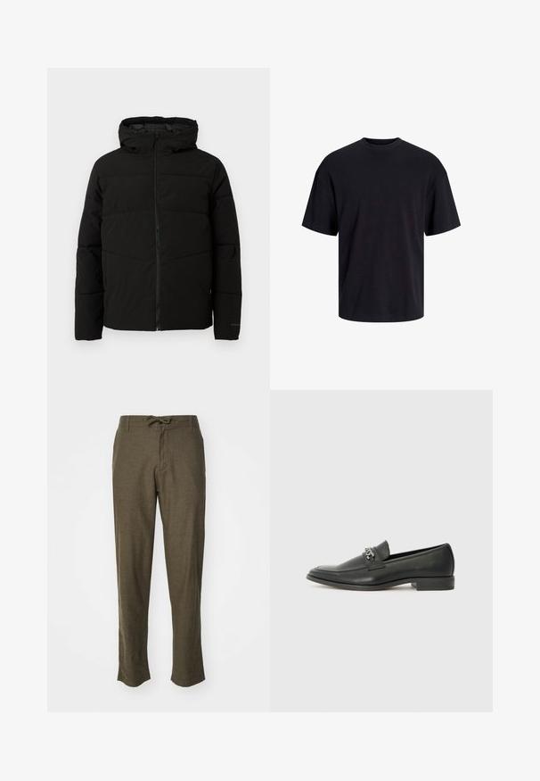 Melnā polsterētā jaka ar kapuci, ar pilnīgu priekšējo rāvējslēdzēju, horizontālām šuvēm un elastīgām piedurknēm ciešai piegulšanai.; Melns kokvilnas T-krekls ar apaļu kakla izgriezumu, īsām piedurknēm un brīvu piegriezumu. Gluda tekstūra un nav redzamu rakstu vai akcentu.; Olīvu zaļie bikses, kas izgatavotas no teksturēta auduma, ar auklu jostas vietu un taisnām kājām, izvietotas pret baltu fona.; Melna ādas loafer izmēra apavi ar gludu virsmu, piedāvā ar šūtu dizainu un dekoratīvu metāla ķēdes akcentu pār vampu. Plakana papēža daļa.