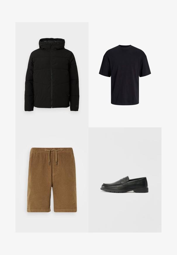 Schwarze gepolsterte Jacke mit Kapuze, ausgestattet mit einem durchgehenden Reißverschluss, horizontalen Nähten und elastischen Bündchen für eine enge Passform.; Schwarzes Baumwoll-T-Shirt mit Rundhalsausschnitt, kurzen Ärmeln und lässiger Passform. Glatte Oberflächenstruktur und keine sichtbaren Muster oder Akzente.; Braune Corduroy-Shorts mit elastischem Bund und Kordelzug, gerade geschnitten und mit umgeschlagenen Säumen. Einfaches Design, strukturierter Stoff.; Schwarze Lederloafers mit glatter Oberfläche, Mokassin-oberteil, genähten Details und Gummisohle. Klassisches Design mit niedrigem Absatz.