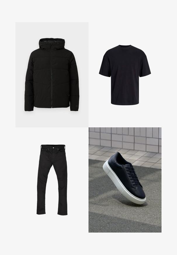 Melnā polsterētā jaka ar kapuci, ar pilnīgu priekšējo rāvējslēdzēju, horizontālām šuvēm un elastīgām piedurknēm ciešai piegulšanai.; Melns kokvilnas T-krekls ar apaļu kakla izgriezumu, īsām piedurknēm un brīvu piegriezumu. Gluda tekstūra un nav redzamu rakstu vai akcentu.; Melni pieguļoši džinsi ar priekšējām kabatām, jostu cilpām un pogu aizdari, izlikti plakani uz baltas fona.; Melnas ādas kedas ar noapaļotu pirkstu un baltu gumijas zoli. Iespējas - plakanas šņorītes un minimāla apdare augšdaļā. Struktūrēta zole, lai nodrošinātu saķeri.