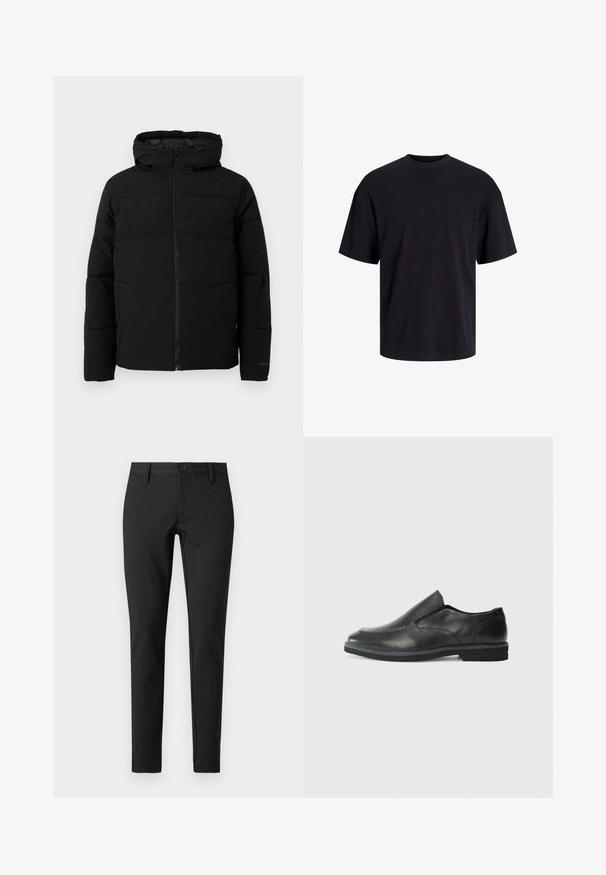 Melnā polsterētā jaka ar kapuci, ar pilnīgu priekšējo rāvējslēdzēju, horizontālām šuvēm un elastīgām piedurknēm ciešai piegulšanai.; Melns kokvilnas T-krekls ar apaļu kakla izgriezumu, īsām piedurknēm un brīvu piegriezumu. Gluda tekstūra un nav redzamu rakstu vai akcentu.; Melnas svītrainas bikses ar plakanu priekšpusi, šauru piegriezumu, ar pogu aizdari un jostas cilpām, izgatavotas no gludas tekstila materiāla.; Melnas ādas slip-on kurpes ar gludu augšdaļu, izšūtām akcentiem, noapaļotu purngala daļu un zemu gumijas papēdi. Zole ar minimālu rakstu.