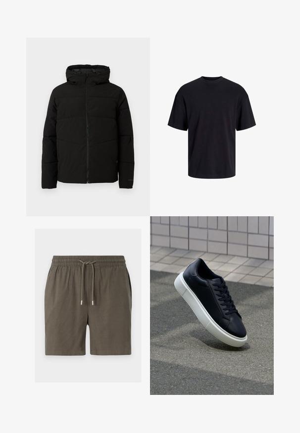 Veste matelassée noire avec capuche, dotée d'une fermeture zippée sur toute la longueur, de surpiqûres horizontales et de poignets élastiques pour un ajustement confortable.; T-shirt en coton noir avec un col ras du cou, des manches courtes et une coupe décontractée. Texture lisse sans motifs ni accents visibles.; Shorts vert foncé avec une taille élastique, fermeture à cordon de serrage et une texture lisse et légère. Pas de poches visibles ni de motifs.; Baskets noires en cuir avec bout arrondi et semelle en caoutchouc blanc. Elles présentent des lacets plats et une couture minimale sur la tige. Semelle texturée pour une bonne adhérence.