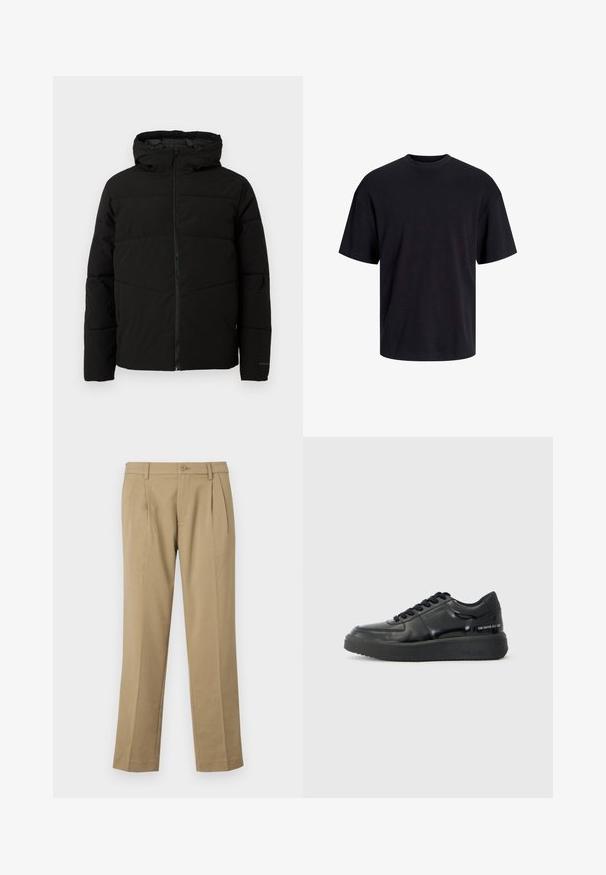 Giacca nera imbottita con cappuccio, dotata di zip frontale completa, cuciture orizzontali e polsini elasticizzati per una vestibilità aderente.; T-shirt in cotone nero con collo rotondo, maniche corte e vestibilità morbida. Texture liscia senza pattern o dettagli visibili.; Pantaloni beige realizzati in tessuto liscio, dotati di due pieghe frontali, chiusura con bottone e gambe dritte con orlo pulito.; Sneakers in pelle nera con una finitura liscia, punta rotonda e suola in gomma nera a contrasto. Presentano lacci piatti e un logo sul lato.