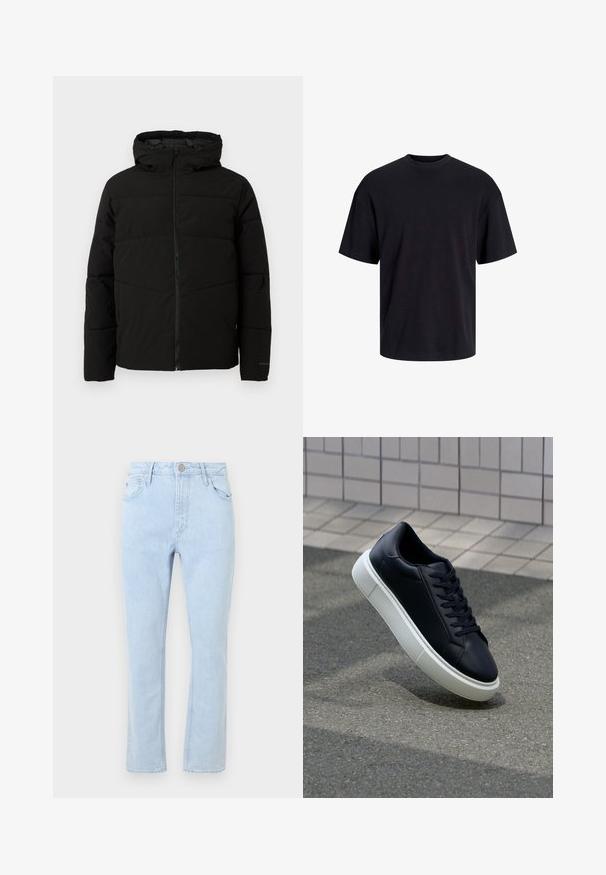 Crna jakna s podlogom i kapuljačom, s punim prednjim patentnim zatvaračem, horizontalnim šavovima i elastičnim manžetama za udoban fit.; Crna pamučna majica s okruglim izrezom, kratkim rukavima i opuštenim krojem. Glatka tekstura bez vidljivih uzoraka ili dekoracija.; Svijetloplave traperice s ravnim krojem, pet džepova, izblijeđena tekstura i metalna kopča na struku.; Crne kožne tenisice s zaobljenim vrhom i bijelim gumiranim potplatom. Imaju ravne vezice i minimalno šivanje na gornjem dijelu. Teksturirani potplat za bolje prianjanje.