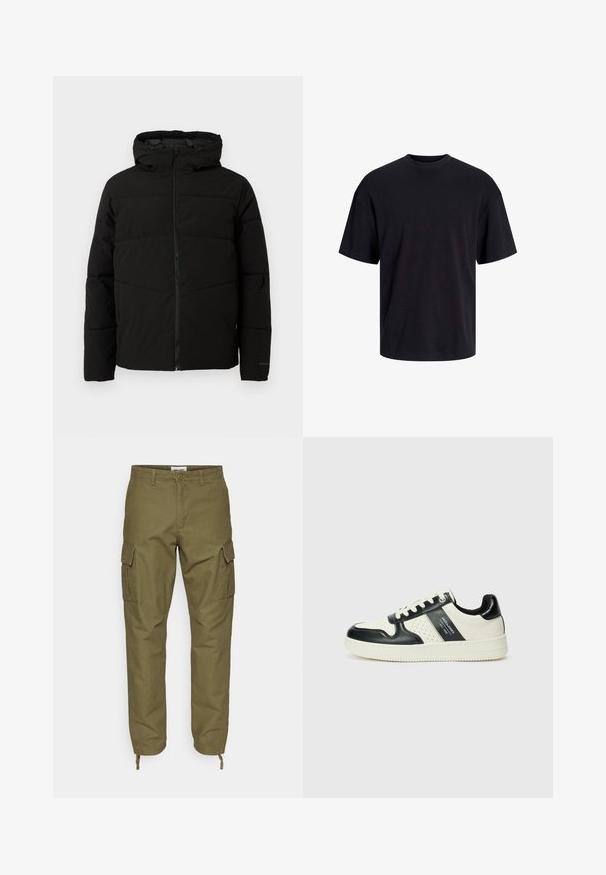 Zwarte gewatteerde jas met capuchon, voorzien van een volledige ritssluiting aan de voorkant, horizontale stiksels en elastische manchetten voor een snug fit.; Zwarte katoenen t-shirt met een ronde halslijn, korte mouwen en een relaxte pasvorm. Glad textuur en geen zichtbare patronen of accenten.; Olijfgroene cargo pants van katoen met twee zijzakken, trekkoord bij de enkels en een knoopsluiting bij de taille.; Leren sneakers met een zwart en crèmekleurig kleurenschema, voorzien van geperforeerde accenten, een gevoerde kraag en een gestructureerde buitenzool.