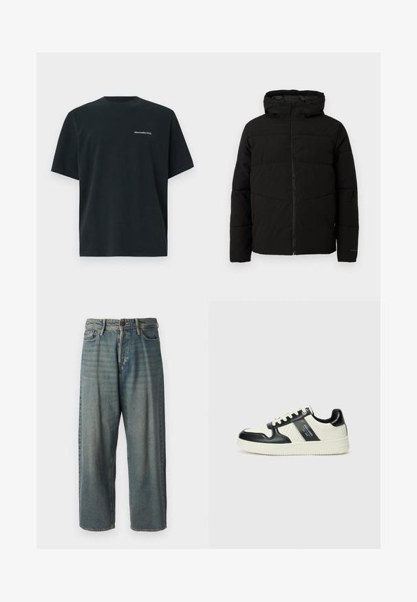 Casaco acolchoado preto com capuz, apresentando um fecho de correr frontal completo, costuras horizontais e punhos elásticos para um ajuste confortável.; Abercrombie & Fitch Premium Heavyweight Micro-Logo Tee - T-shirt básica - casual black wash; Jeans de ganga azul claro com um corte solto, cintura média e pernas retas. Apresenta cinco bolsos, passadores de cinto e fecho com botão.; Ténis de couro com um esquema de cores em preto e creme, apresentando detalhes perfurados, um colarinho acolchoado e uma sola texturizada.