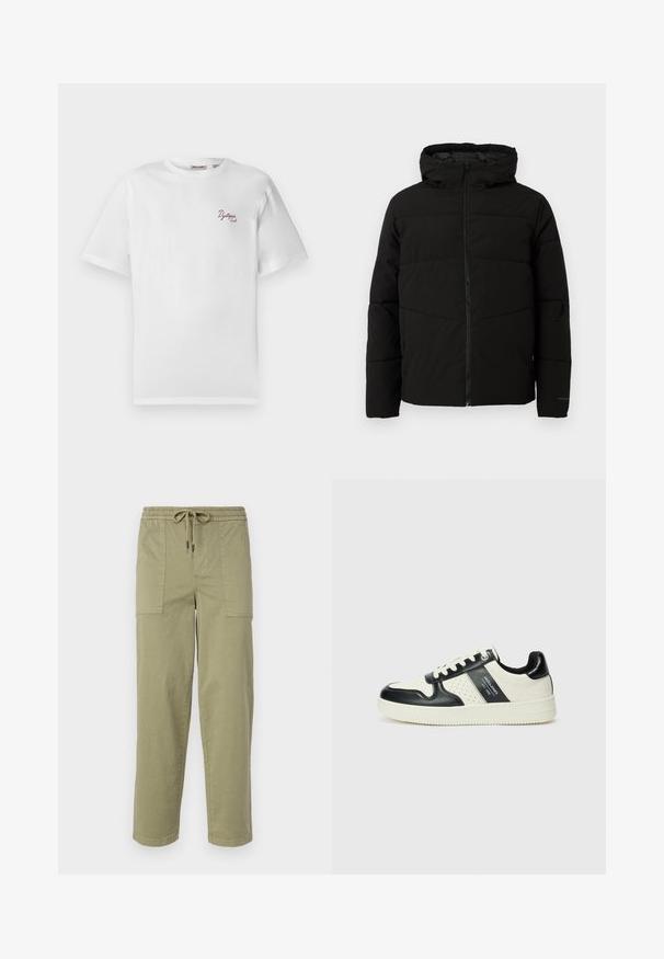 Chaqueta acolchada negra con capucha, que cuenta con un cierre frontal completo, costuras horizontales y puños elásticos para un ajuste ceñido.; Camiseta blanca de manga corta con pequeño texto color marrón "Dystopia Sounds" en el lado izquierdo del pecho, cuello redondo, fondo liso.; Pantalones verde oliva claro hechos de una mezcla de algodón, con una cinturilla elástica y cordón, y dos grandes bolsillos laterales.; Zapatillas de cuero con un esquema de colores negro y crema, que cuentan con acentos perforados, un collar acolchado y una suela texturizada.