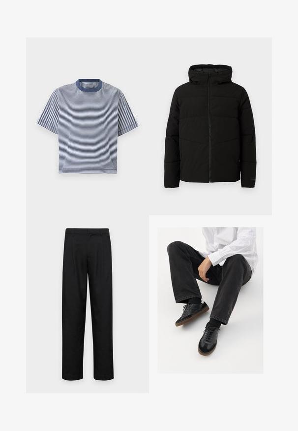 Black padded jacket with a hood, featuring a full front zipper, horizontal stitching, and elastic cuffs for a snug fit.; Blue and white striped short-sleeve t-shirt with a round neckline and a relaxed fit, made of soft, lightweight fabric.; Black trousers made of smooth fabric, featuring a straight-leg design, two front pleats, and standard waistband with belt loops.; Black sneakers with a smooth and textured upper, featuring a rubber sole and dark laces. Paired with black jeans and a white striped shirt.