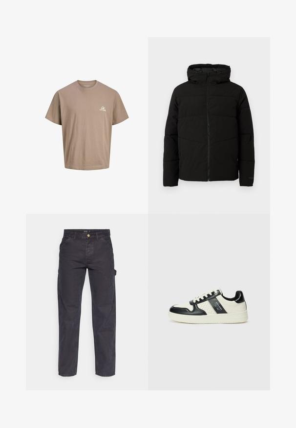 Juodas pūkuotas džemperis su kapišonu, turintis viso ilgio užtrauktuką, horizontaliu siuvinėjimu ir elastingomis rankogaliais, užtikrinančiais patogų prigludimą.; Ruda medvilnė, trumpomis rankovėmis, su apvalia iškirpte ir mažyte balta logotipu krūtinėje. Lygi tekstūra ir laisvas pritaikymas.; Tamsiai pilkos krovininės kelnės, pagamintos iš patvarios medžiagos, su tiesaus kirpimo, penkiomis kišenėmis ir mygtukiniu užtrauktuku liemens srityje.; Odiniai sportbačiai juodos ir kreminės spalvų schemoje, su perforuotais akcentais, paminkštinta apykakle ir tekstūruotu padu.