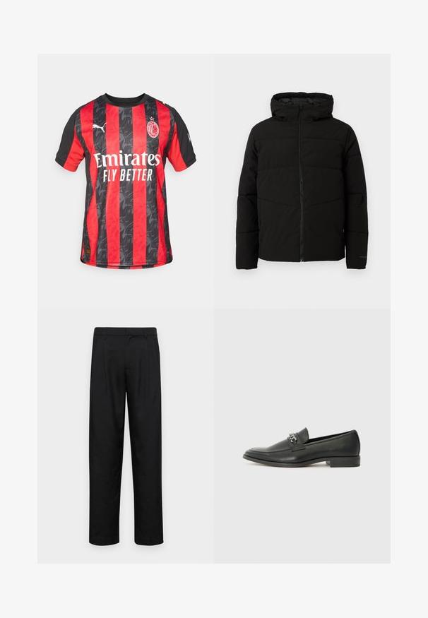 Schwarze gepolsterte Jacke mit Kapuze, ausgestattet mit einem durchgehenden Reißverschluss, horizontalen Nähten und elastischen Bündchen für eine enge Passform.; AC Milan Trikot mit roten und schwarzen vertikalen Streifen, ausgestattet mit einem strukturierten Muster, Rundhalsausschnitt und Puma-Logo auf dem rechten Ärmel.; Schwarze Hose aus glattem Stoff, mit geradem Bein Design, zwei vorderen Falten und einem Standardbund mit Gürtelschlaufen.; Schwarzer Lederloafer mit glatter Oberfläche, ausgestattet mit einer gesteppten Gestaltung und einem dekorativen Metallkettendetail über dem Vorderblatt. Flacher Absatz.