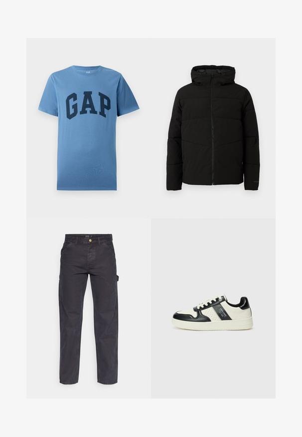 Must esmakad ja kapuutsiga must paks jakk, millel on täispikk lukus, horisontaalne õmblus ja elastsed mansetid, mis tagavad mugava istuvuse.; Sinine lühikeste varrukatega ümarate kaelustega T-särk, mille rindkerele on trükitud suur tumehall "GAP" tekst.; Tumehallid cargo-püksid, mis on valmistatud vastupidavast kangast, sirge lõikega, viie tasku ja nupuga kinnitusega vööl.; Nahatud nahkkingad musta ja kreemi värviskeemiga, millel on perforeeritud aktsendid, pehme krae ja tekstureeritud tallad.