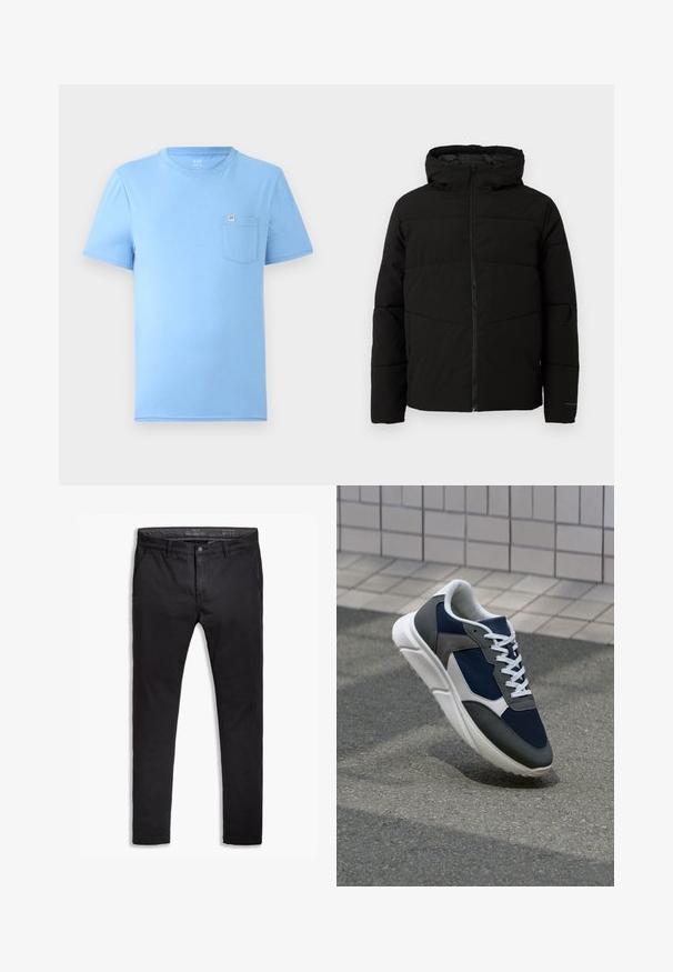 Casaco acolchoado preto com capuz, apresentando um fecho de correr frontal completo, costuras horizontais e punhos elásticos para um ajuste confortável.; T-shirt de manga curta, azul-claro, feito de algodão suave. Apresenta um decote redondo e um bolso no peito com uma etiqueta de marca. Textura suave.; Chinos pretos de algodão com um corte afunilado, apresentando cinco bolsos, passantes para cinto e uma textura suave. Fecho com zíper e botão.; Sapatilha com parte superior em malha azul-marinho, detalhes em camurça cinza, sola de borracha branca e atacadores brancos planos, projetada para conforto e respirabilidade.