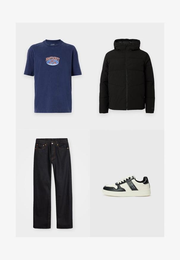 Μαύρο επενδεδυμένο μπουφάν με κουκούλα, διαθέτει πλήρες μπροστινό φερμουάρ, οριζόντια ραφή και ελαστικές μανσέτες για άνετη εφαρμογή.; Ναυτικές μπλε βαμβακερές μπλούζες T-shirt με στρογγυλή λαιμόκοψη, κοντά μανίκια, με κείμενο "NANTUCKET" και γραφικό φάλαινας σε πορτοκαλί και μπλε κέντημα.; Ανδρικό τζιν παντελόνι σε ευθεία γραμμή, μαύρου χρώματος, με πέντε τσέπες και πορτοκαλί ραφές, με κουμπί και φερμουάρ στον μπροστινό ιμάντα.; Δερμάτινα sneakers με μαύρο και κρεμ χρωματικό σχέδιο, με διάτρητες λεπτομέρειες, επενδεδυμένο κολάρο και υφή στη σόλα.
