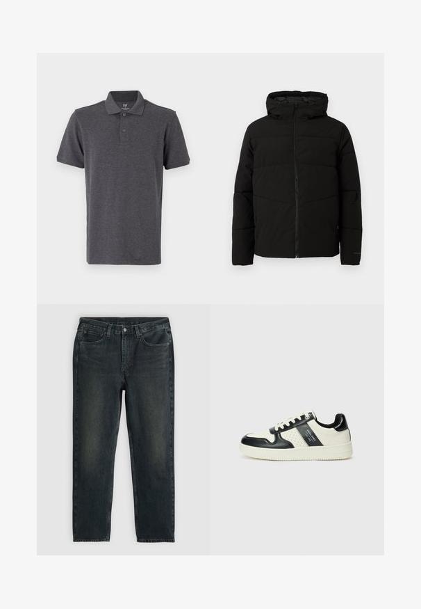 Čierna zateplená bunda s kapucňou, s celoplošným zipsom, horizontálnym prešívaním a elastickými manžetami pre tesné priliehanie.; GAP Polokošeľa - light grey; Čierne denimové džínsy so strihom priameho noha, designom s piatimi vreckami a jemnými rozjasneniami. Obsahujú zapínanie na gombík a zips.; Kožené tenisky v čierno-krémovej farbe, s perforovanými akcentmi, polstrovaným golierom a štruktúrovanou podrážkou.