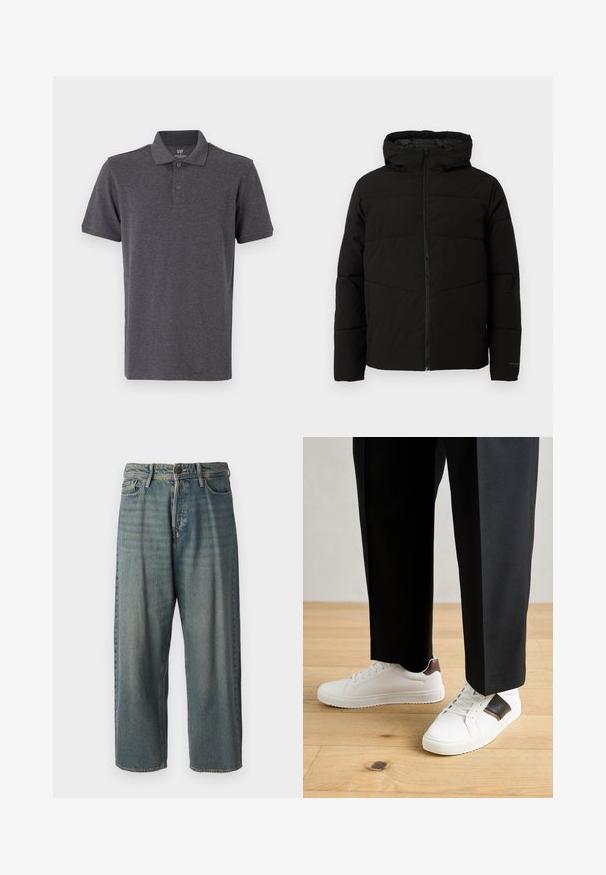 Svart polstret jakke med hette, med full front glidelås, horisontale sømmer og elastiske mansjetter for en tettsittende passform.; GAP Poloskjorter - light grey; Lyseblå denimjeans med løs passform, midjehøyde og rette ben. Har fem lommer, beltehemper og knappelukking.; Hvite sneakers med glatt tekstur, med brune skinnakenter og svart detaljer, parret med svarte skreddersydde bukser. Bakgrunn med tregulv.