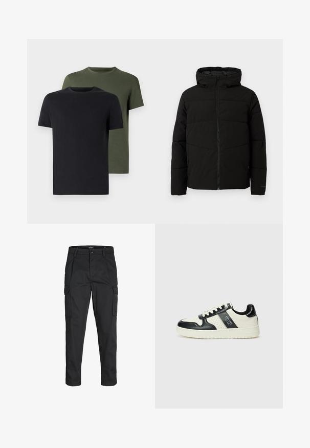 Black padded jacket with a hood, featuring a full front zipper, horizontal stitching, and elastic cuffs for a snug fit.; Two crew-neck t-shirts in black and olive green, made of soft cotton fabric. The design is simple with short sleeves and a straight cut.; Black cargo pants made of sturdy fabric, featuring multiple pockets, a button closure, and a slim fit design with tapered legs.; Leather sneakers with a black and cream color scheme, featuring perforated accents, a padded collar, and a textured outsole.