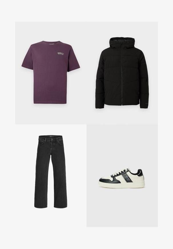 Must esmakad ja kapuutsiga must paks jakk, millel on täispikk lukus, horisontaalne õmblus ja elastsed mansetid, mis tagavad mugava istuvuse.; Tume lilla puuvillane t-särk lühikeste varrukatega, ümmarguse kaelusega ja vasakul rinnal väike valge 'Spell Bound' logo.; Mustad mustad seelikud, mis on valmistatud denimist; omad klassikalise viie taskuga disaini, tugeva õmbluse ja nööbiga sulgemise vööl.; Nahatud nahkkingad musta ja kreemi värviskeemiga, millel on perforeeritud aktsendid, pehme krae ja tekstureeritud tallad.