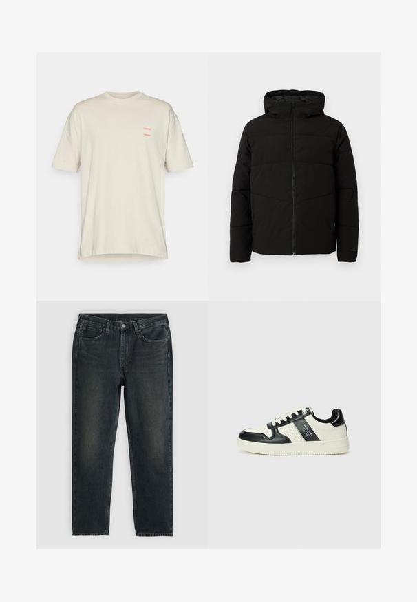 Čierna zateplená bunda s kapucňou, s celoplošným zipsom, horizontálnym prešívaním a elastickými manžetami pre tesné priliehanie.; Béžová bavlnená tričko s voľným strihom, s okrúhlym výstrihom a krátkymi rukávmi. Dvojité červené nápisy "SAMSØE" na ľavej strane hrude.; Čierne denimové džínsy so strihom priameho noha, designom s piatimi vreckami a jemnými rozjasneniami. Obsahujú zapínanie na gombík a zips.; Kožené tenisky v čierno-krémovej farbe, s perforovanými akcentmi, polstrovaným golierom a štruktúrovanou podrážkou.