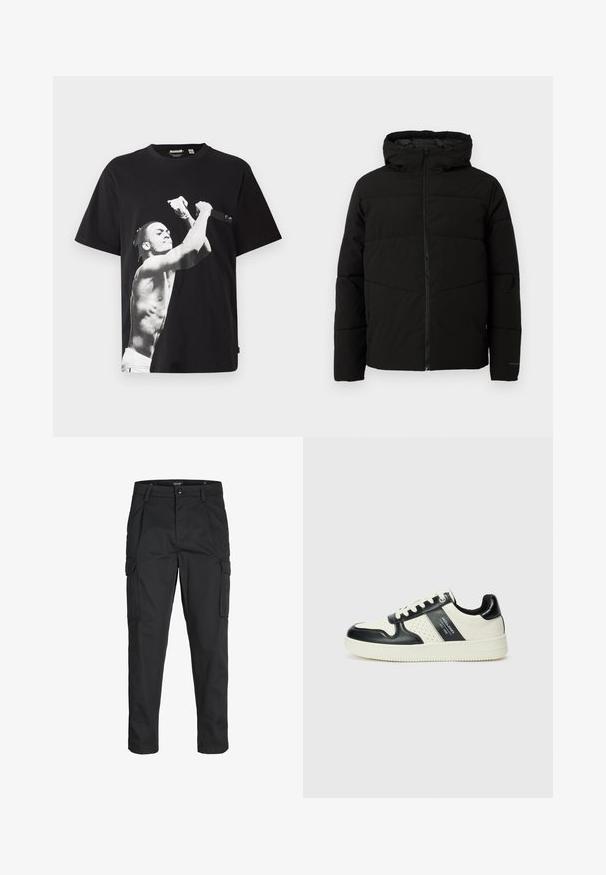 Mustat vuorattuja takki, jossa on huppu, täysi etuvetoketju, vaakasuorat saumat ja joustavat hihansuut tiiviiseen istuvuuteen.; Musta ylisuuret t-paita, jossa on suuri mustavalkoinen graafinen kuva alastomasta henkilöstä, joka pitää mikrofonia. Valmistettu puuvillakankaasta.; Mustat cargo-housut, jotka on valmistettu kestävästä kankaasta. Housuissa on useita taskuja, nappisulku ja kapea istuvuus, jossa on kapenevat lahkeet.; Nahkakengät musta-kerma värimaailmassa, joissa on rei'itetyt yksityiskohdat, pehmustettu nilkkaosa ja teksturoitu pohja.