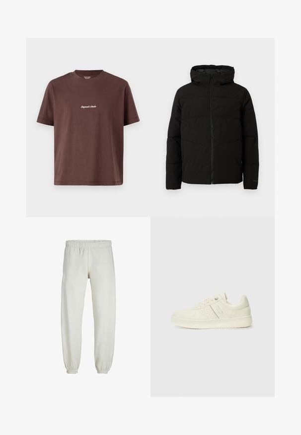 Černá vycpaná bunda s kapucí, má plný přední zip, horizontální švy a elastické manžety pro pohodlné nošení.; Hnědý bavlněný tričko s kulatým výstřihem. Má krátké rukávy a uprostřed je vyšitý text "Original Studio" v bílé barvě.; Bílé tepláky vyrobené z měkkého materiálu, s elastickým pasem a manžetami, s hladkou texturou a volným střihem.; Světlé krémové tenisky s perforovanými detaily, šněrováním a logem na boku, vystavené na jednoduchém bílém pozadí.