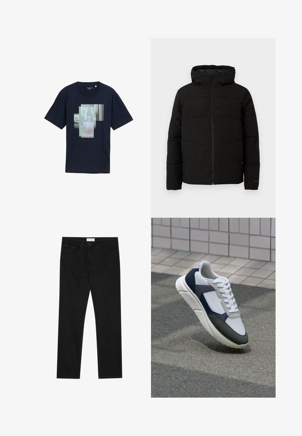 Juodas pūkuotas džemperis su kapišonu, turintis viso ilgio užtrauktuką, horizontaliu siuvinėjimu ir elastingomis rankogaliais, užtikrinančiais patogų prigludimą.; Tamsiai mėlynas medvilninis marškinėliai su sluoksniuota grafine dizainu, kuriame yra tekstas "PASPAUSK >>> ATNAUJINTI" ir prekės ženklo pavadinimas "TOM TAILOR" balta spalva. Trumpomis rankovėmis.; Juodos tiesios kojų džinsai su penkių kišenių dizainu, mygtuko ir užtrauktuko uždarymu bei "Pier One" prekės ženklo etikete ant juosmens.; Baltos, tamsiai mėlynos ir pilkos sportbačiai su mišriomis medžiagomis, turintys tekstūruotą viršutinę dalį, plokščius raištelius ir paminkštintą pado dalį.