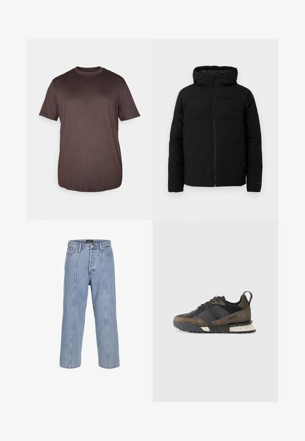 Must esmakad ja kapuutsiga must paks jakk, millel on täispikk lukus, horisontaalne õmblus ja elastsed mansetid, mis tagavad mugava istuvuse.; Jack & Jones JJEBRADLEY NOOS - Lihtne T-särk - mulch; Heledad sinine teksapüksid, millel on lai lõige, laiad sääred ja nähtavad õmbluse detailid. Omab nööbiga ja lukuga kinni tõmmatavat piirdu, viis taskut.; Replay FIELD JUPITER CRAFT - Tossud - black/dark grey