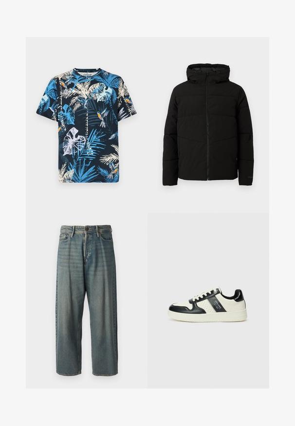 Svart polstret jakke med hette, med full front glidelås, horisontale sømmer og elastiske mansjetter for en tettsittende passform.; Kortermet bomull T-skjorte med marineblå bakgrunn og lyseblå og hvite palmeblad- og fuglemønstre. Rund hals med avslappet passform.; Lyseblå denimjeans med løs passform, midjehøyde og rette ben. Har fem lommer, beltehemper og knappelukking.; Lædersneakers med sort og creme farveskema, der har perforerede detaljer, en polstret krave og en struktureret ydersål.