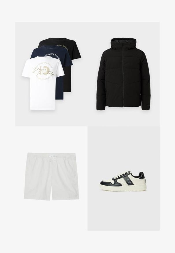 Chaqueta acolchada negra con capucha, que cuenta con un cierre frontal completo, costuras horizontales y puños elásticos para un ajuste ceñido.; Tres camisetas de cuello redondo en algodón blanco, marino y negro, con un logo gráfico en dorado en la camiseta blanca y texto en un diseño circular.; Pantalones cortos de algodón blancos con cintura elástica y cordón ajustable, que cuentan con dos bolsillos laterales y líneas limpias, ofreciendo un diseño sencillo.; Zapatillas de cuero con un esquema de colores negro y crema, que cuentan con acentos perforados, un collar acolchado y una suela texturizada.