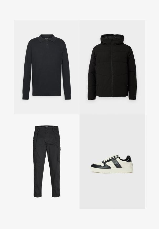 Must esmakad ja kapuutsiga must paks jakk, millel on täispikk lukus, horisontaalne õmblus ja elastsed mansetid, mis tagavad mugava istuvuse.; Must naiste pikkade varrukate polosärk, mis on valmistatud puuvillast ja millel on krae, kolm nööpi ja soonikkoes mansetid. Lihtne, klassikaline disain.; Mustad mustapõlvik, mis on valmistatud tugeva koe kasutades, sisaldab mitmeid taskuid, nupule kinnitatav sulgemine ja kitsenev disain.; Nahatud nahkkingad musta ja kreemi värviskeemiga, millel on perforeeritud aktsendid, pehme krae ja tekstureeritud tallad.