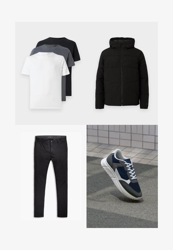Μαύρο επενδεδυμένο μπουφάν με κουκούλα, διαθέτει πλήρες μπροστινό φερμουάρ, οριζόντια ραφή και ελαστικές μανσέτες για άνετη εφαρμογή.; Τρία κοντομάνικα μπλουζάκια σε λευκό, γκρι και μαύρο. Κάθε ένα έχει στρογγυλή λαιμόκοψη και ομαλή βαμβακερή υφή. Χωρίς σχέδια ή διακοσμητικά.; Μαύρες βαμβακερές chinos με tapered fit, που διαθέτουν πέντε τσέπες, θηλιές για ζώνη και απαλό υφή. Φερμουάρ με κουμπί.; Αθλητικά παπούτσια με επάνω μέρος από ναυτικό μπλε διχτυωτό ύφασμα, γκρι σουέτ λεπτομέρειες, λευκή καουτσούκ σόλα και επίπεδα λευκά κορδόνια, σχεδιασμένα για άνεση και αερισμό.