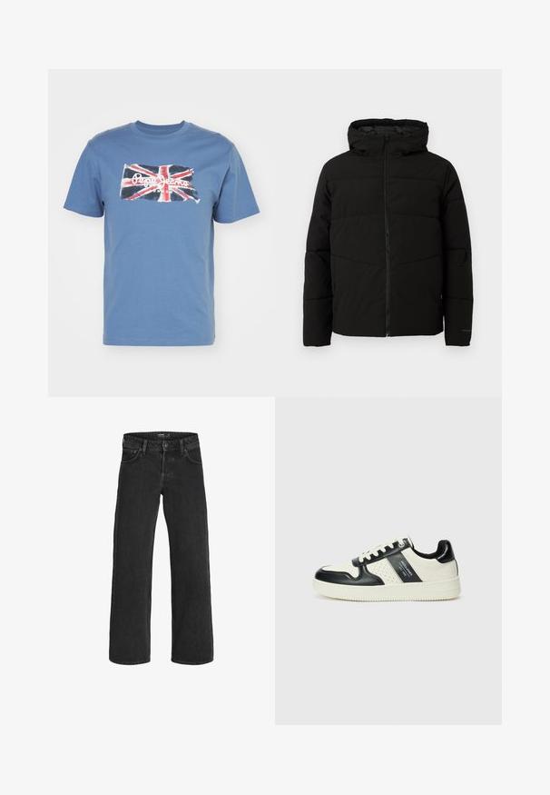 Svart polstret jakke med hette, med full front glidelås, horisontale sømmer og elastiske mansjetter for en tettsittende passform.; Pepe Jeans CLAG - T-shirts med print - sea blue; Sorte vide bukser laget av denim; har en klassisk femlommersdesign, solid søm og knappelukking i midjen.; Lædersneakers med sort og creme farveskema, der har perforerede detaljer, en polstret krave og en struktureret ydersål.