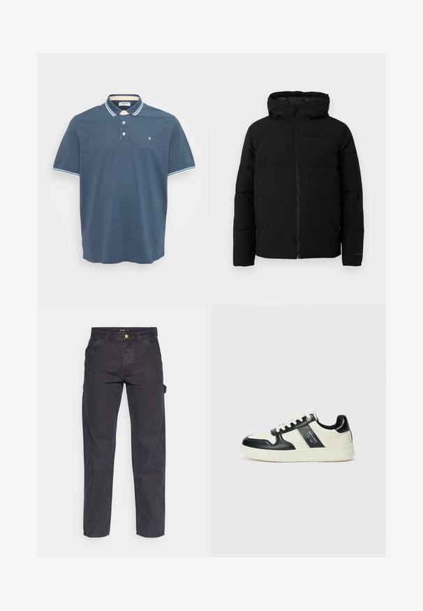 Giacca nera imbottita con cappuccio, dotata di zip frontale completa, cuciture orizzontali e polsini elasticizzati per una vestibilità aderente.; Polo shirt da uomo blu a maniche corte con colletto e bordi delle maniche a strisce bianche e azzurre chiare, tre bottoni frontali e piccolo logo sul petto.; Pantaloni cargo grigio scuro realizzati in tessuto resistente, con un taglio dritto, cinque tasche e chiusura a bottoni in vita.; Sneakers in pelle con una combinazione di colori nero e crema, dotati di dettagli perforati, collare imbottito e suola testurizzata.