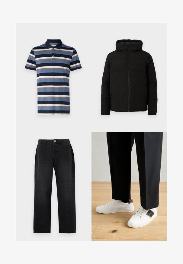 Casaco acolchoado preto com capuz, apresentando um fecho de correr frontal completo, costuras horizontais e punhos elásticos para um ajuste confortável.; Hollister Co. ICON WEBEX - Polo - blue; Calças de ganga pretas com um design de perna reta. Apresentam um fecho de botão, passantes para cinto e dois bolsos laterais. Textura suave, sem padrões visíveis.; Ténis brancos com textura suave, apresentando elementos em pele castanha e detalhes em preto, combinados com calças pretas ajustadas. Fundo de chão de madeira.