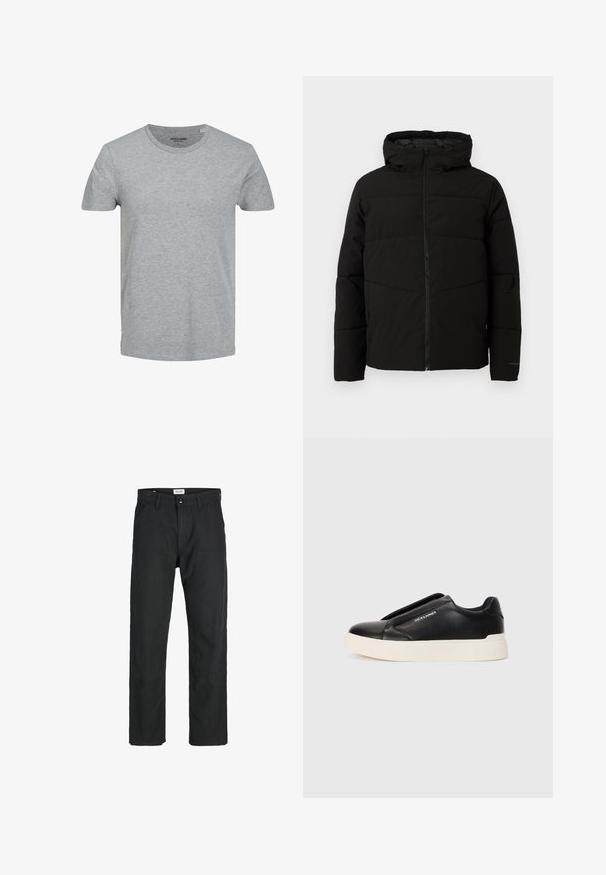 Čierna zateplená bunda s kapucňou, s celoplošným zipsom, horizontálnym prešívaním a elastickými manžetami pre tesné priliehanie.; Sivá krátkorpová tričko vyrobené z mäkkej bavlny. Má klasický okrúhly výstrih a bežný strih. Jednoduchý dizajn bez vzorov alebo akcentov.; Čierne nohavice vyrobené z odolného materiálu, s rovnými nohavicami, prešitými detailmi a dvoma prednými vreckami pre väčšiu funkčnosť.; Čierne tenisky na gumenú podrážku so štruktúrovaným koženým vrchom, biela gumová podrážka a žiadne viditeľné šnúrky. Na boku sa nachádza logo značky.