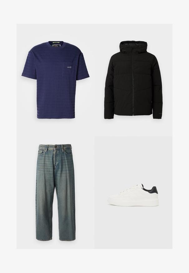 Svart polstret jakke med hette, med full front glidelås, horisontale sømmer og elastiske mansjetter for en tettsittende passform.; Marineblå kortermet t-skjorte med teksturert stoff, med horisontale striper og en liten brystlomme med logo.; Lyseblå denimjeans med løs passform, midjehøyde og rette ben. Har fem lommer, beltehemper og knappelukking.; Hvit lær sneaker med preget mønster, teksturert hvit mellomsole og svart hælakkent. Har rund tå og flate lisser.