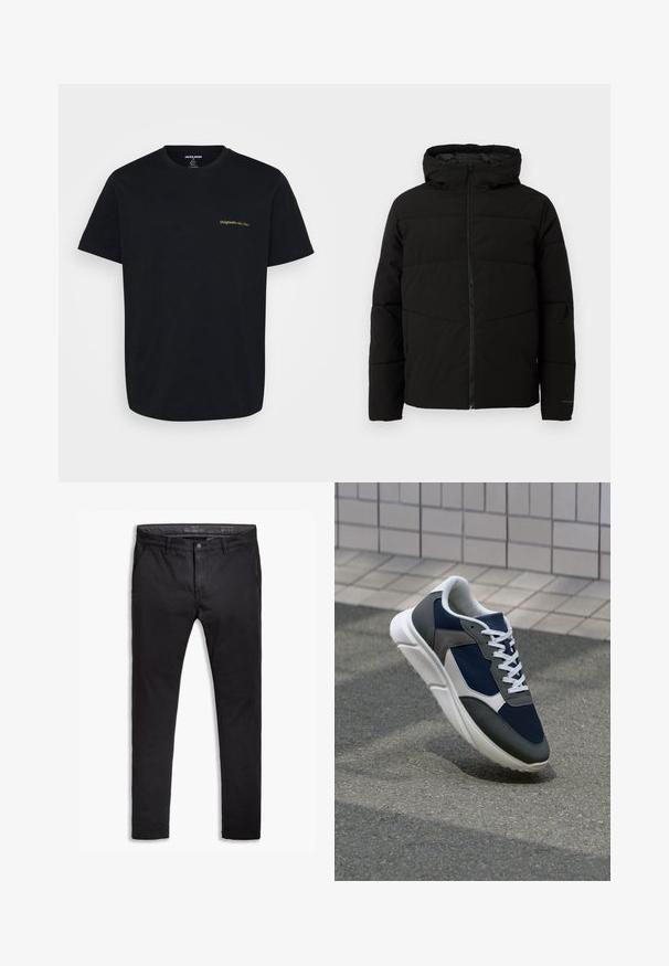 Svart polstret jakke med hette, med full front glidelås, horisontale sømmer og elastiske mansjetter for en tettsittende passform.; Svart bomull T-skjorte med kort erm, med en liten, gull brodert "Originals"-logo på venstre bryst. Klassisk rund hals-design.; Svart bomullskino med en tapered passform, med fem lommer, beltehemper og en jevn tekstur. Glidelås med knappelukking.; Sneakers med en navy blå mesh-overdel, grå sømværk, hvit gummisåle og flate hvite snører, designet for komfort og pusteevne.