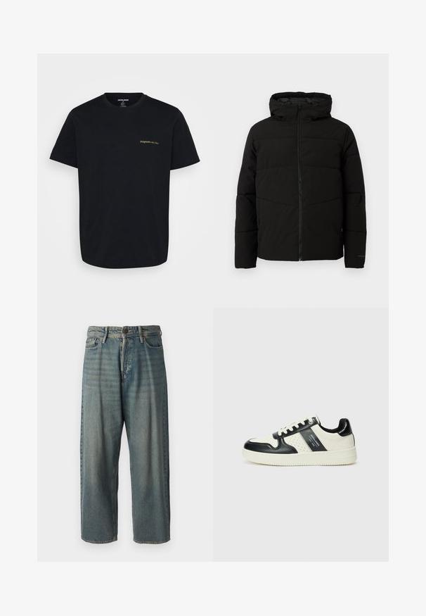 Black padded jacket with a hood, featuring a full front zipper, horizontal stitching, and elastic cuffs for a snug fit.; Black cotton t-shirt with short sleeves, featuring a small, gold embroidered "Originals" logo on the left chest. Classic crew neck design.; Light blue denim jeans with a loose fit, mid-rise waist, and straight legs. Features five pockets, belt loops, and a button closure.; Leather sneakers with a black and cream color scheme, featuring perforated accents, a padded collar, and a textured outsole.