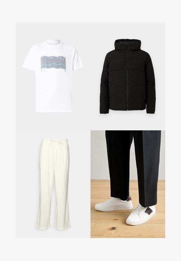 Svart polstret jakke med hette, med full front glidelås, horisontale sømmer og elastiske mansjetter for en tettsittende passform.; Hvit bomull t-skjorte med et flerfarget bølgemønster samt teksten "MIAMI" og "20-97" trykket på forsiden. Kort erm, rund hals.; Linstanter i off-white med drawstring midje, lett vide ben og rullede ermer for en avslappet passform. Ingen lommer.; Hvite sneakers med glatt tekstur, med brune skinnakenter og svart detaljer, parret med svarte skreddersydde bukser. Bakgrunn med tregulv.