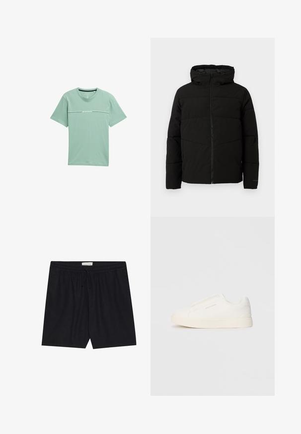 Chaqueta acolchada negra con capucha, que cuenta con un cierre frontal completo, costuras horizontales y puños elásticos para un ajuste ceñido.; Camiseta verde clara hecha de una tela suave, con mangas cortas y un escote redondo. Un logotipo tenue está impreso en el pecho.; Shorts negros con cintura elástica y cordón ajustable, que presentan una textura suave y corte recto, ideal para el uso casual.; Zapatillas blancas tipo slip-on con una superficie texturizada, suela gruesa y diseño minimalista. Presenta el logo de la marca en un lado.