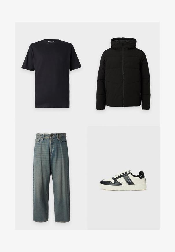 Svart polstret jakke med hette, med full front glidelås, horisontale sømmer og elastiske mansjetter for en tettsittende passform.; Svart kortermet t-skjorte laget av bomull, med rund hals og klassisk snitt, uten mønstre eller synlig merke.; Lyseblå denimjeans med løs passform, midjehøyde og rette ben. Har fem lommer, beltehemper og knappelukking.; Lædersneakers med sort og creme farveskema, der har perforerede detaljer, en polstret krave og en struktureret ydersål.