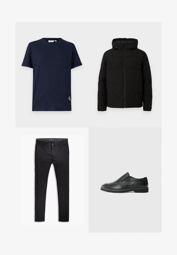 Casaco acolchoado preto com capuz, apresentando um fecho de correr frontal completo, costuras horizontais e punhos elásticos para um ajuste confortável.; T-shirt de algodão azul marinho com mangas curtas enroladas, decote redondo e um pequeno emblema CK na bainha. Textura suave e ajuste casual.; Chinos pretos de algodão com um corte afunilado, apresentando cinco bolsos, passantes para cinto e uma textura suave. Fecho com zíper e botão.; Sapato slip-on preto em pele com um upper liso, acabamentos cosidos, bico arredondado e um salto de borracha baixo. A sola apresenta um padrão de aderência mínimo.