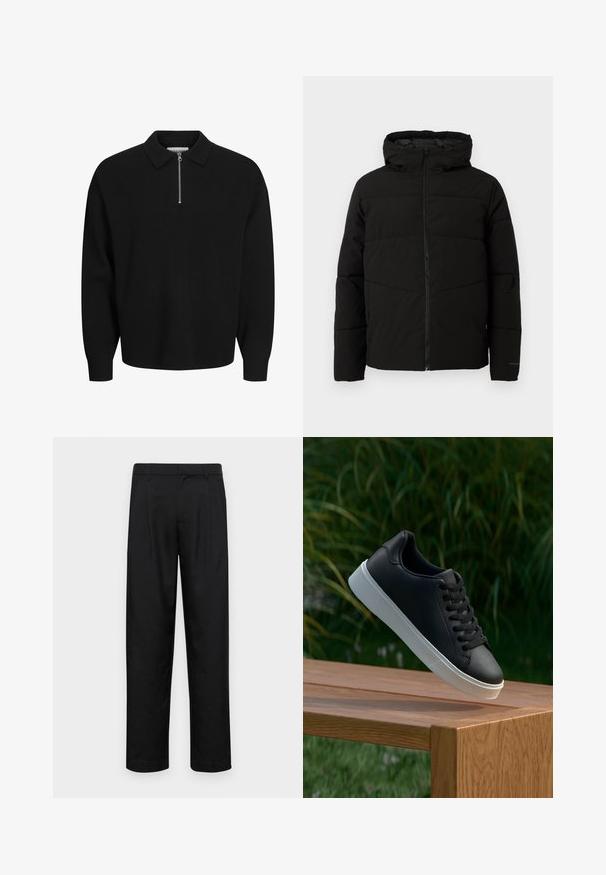 Juodas pūkuotas džemperis su kapišonu, turintis viso ilgio užtrauktuką, horizontaliu siuvinėjimu ir elastingomis rankogaliais, užtikrinančiais patogų prigludimą.; Jack & Jones Polo marškinėliai - black; Juodi kelnių modeliai, pagaminti iš lygios medžiagos, turi tiesią kojas, du priekiniai klostės ir standartinę juosmenį su diržo kilpomis.; Juodas odinis sportbačių modelis su lygiu paviršiumi, baltu guminio pado ir šešiomis skylutėmis raišteliams, eksponuojamas ant medinės paviršiaus.