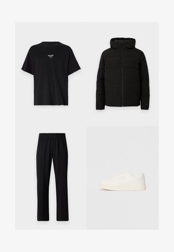 Černá vycpaná bunda s kapucí, má plný přední zip, horizontální švy a elastické manžety pro pohodlné nošení.; Černé bavlněné tričko s volným střihem, krátkými rukávy a kulatým výstřihem. Na přední straně má bílé nápisy "ESS.WRD." a jednoduchý design.; Černé kalhoty s elastickým pasem a rovnými nohavicemi, s hladkým povrchem a bez viditelných vzorů nebo kovových doplňků.; Bílé slip-on tenisky s texturovaným povrchem, silnou podešví a minimalistickým designem. Na boku je umístěno logo značky.