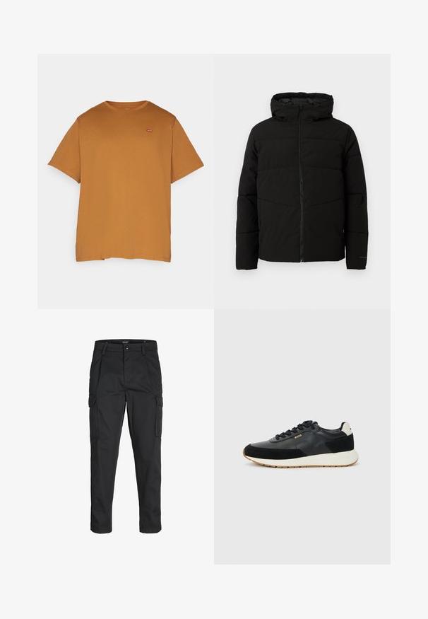 Black padded jacket with a hood, featuring a full front zipper, horizontal stitching, and elastic cuffs for a snug fit.; Levi's® Plus BIG ORIGINAL TEE - Basic T-shirt - dark ginger; Black cargo pants made of sturdy fabric, featuring multiple pockets, a button closure, and a slim fit design with tapered legs.; Black sneaker featuring a mix of textured leather and suede, with a white midsole and gum rubber outsole. Laces in matching black.