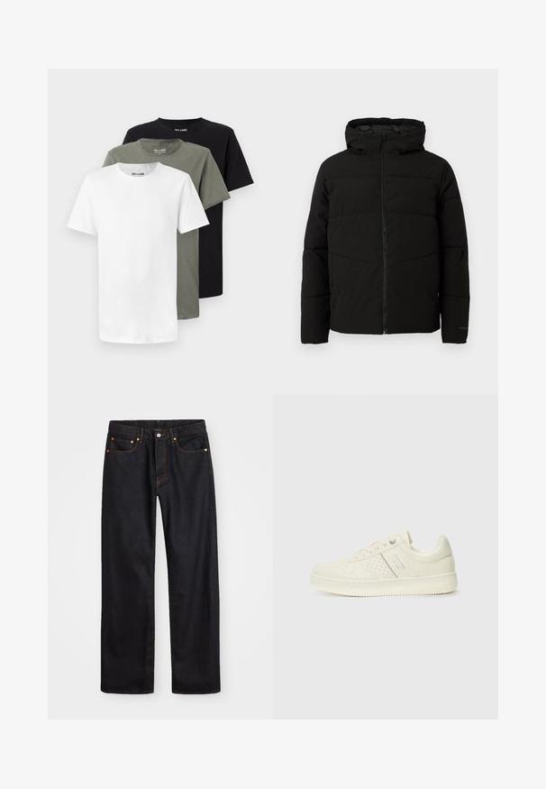 Svart polstret jakke med hette, med full front glidelås, horisontale sømmer og elastiske mansjetter for en tettsittende passform.; Tre crew-neck t-skjorter i hvit, olivengrønn og svart. Laget av myk bomull, med korte ermer og en avslappet passform.; Men's straight-leg svarte denim jeans med fem lommer og oransje søm, knapp og glidelås lukking foran på midjen.; Kremfargede sneakers med perforerte detaljer, snøring og logo på siden, vist mot en enkel hvit bakgrunn.