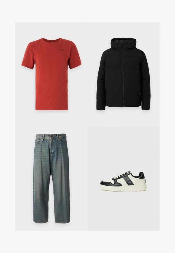 Svart polstret jakke med hette, med full front glidelås, horisontale sømmer og elastiske mansjetter for en tettsittende passform.; G-STAR BASE  - T-shirts - rusty red; Lyseblå denimjeans med løs passform, midjehøyde og rette ben. Har fem lommer, beltehemper og knappelukking.; Lædersneakers med sort og creme farveskema, der har perforerede detaljer, en polstret krave og en struktureret ydersål.