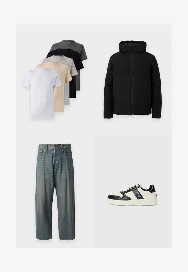 Melnā polsterētā jaka ar kapuci, ar pilnīgu priekšējo rāvējslēdzēju, horizontālām šuvēm un elastīgām piedurknēm ciešai piegulšanai.; Piecu īsām piedurknēm T-kreklu komplekts baltā, bēšā, gaiši pelēkā, tumši pelēkā un melnā krāsā. Izgatavoti no gludas kokvilnas, ar apaļu kakla izgriezumu.; Gaiši zili džinsi ar brīvu piegriezumu, vidējo jostas augstumu un taisnām kājām. Satur piecas kabatas, jostas cilpas un pogu aizdari.; Ādas sporta apavi ar melnbaltu krāsu shēmu, ar perforētiem akcentiem, mīkstinātu apkakli un teksturētu zoli.