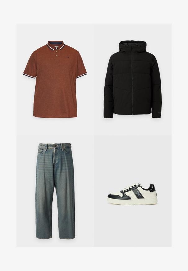 Svart polstret jakke med hette, med full front glidelås, horisontale sømmer og elastiske mansjetter for en tettsittende passform.; Brun polo skjorte laget av teksturert stoff, med en marineblå krage med hvit kant, tre knapper og en liten logo på brystet.; Lyseblå denimjeans med løs passform, midjehøyde og rette ben. Har fem lommer, beltehemper og knappelukking.; Lædersneakers med sort og creme farveskema, der har perforerede detaljer, en polstret krave og en struktureret ydersål.