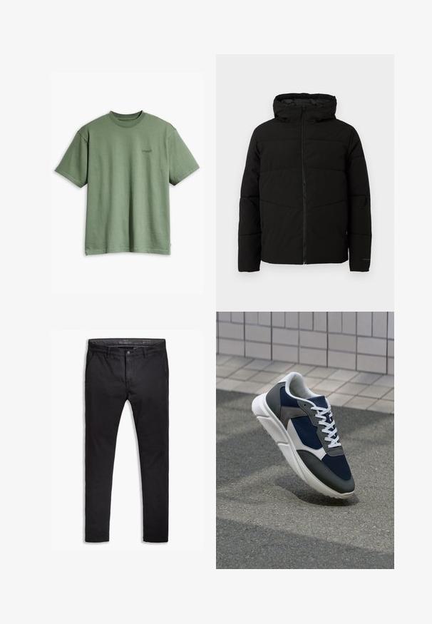 Svart polstret jakke med hette, med full front glidelås, horisontale sømmer og elastiske mansjetter for en tettsittende passform.; Olivenfarget bomull t-skjorte med rund hals og korte ermer, med en liten svart logo på venstre bryst og rett kant.; Svart bomullskino med en tapered passform, med fem lommer, beltehemper og en jevn tekstur. Glidelås med knappelukking.; Sneakers med en navy blå mesh-overdel, grå sømværk, hvit gummisåle og flate hvite snører, designet for komfort og pusteevne.