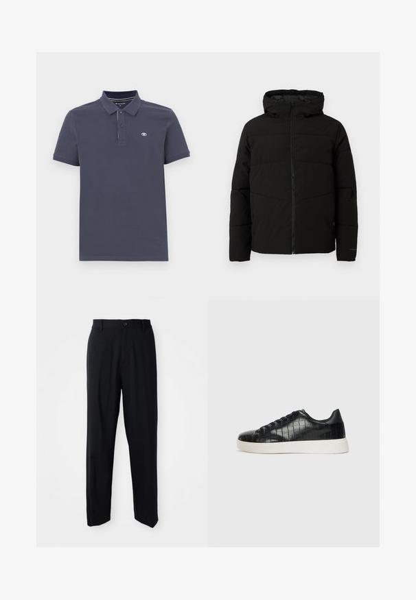 Must esmakad ja kapuutsiga must paks jakk, millel on täispikk lukus, horisontaalne õmblus ja elastsed mansetid, mis tagavad mugava istuvuse.; Tumesinine polo-särk puuvillasegust, kahe nupuga kaeluses, lühikeste varrukatega ja väikese tikandiga logoga vasakul rinnal.; Mustad sirged püksid, millega on kaasas vöökohad, nööbiga sulgus ja voolav, minimalistlik disain neutraalsel taustal.; Mustad mustad mustad kroko-reljeefiga nahast ülemine osa, ümar varvas ja kontrastne valge kummitald, millel on sile viimistlus.