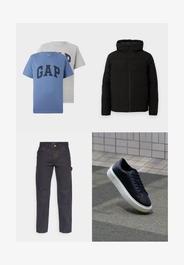 Must esmakad ja kapuutsiga must paks jakk, millel on täispikk lukus, horisontaalne õmblus ja elastsed mansetid, mis tagavad mugava istuvuse.; Kaks lühikeste varrukatega ümarate kaelustega T-särki, üks sinine ja üks hall, mõlemad suure tumesinise "GAP" tekstiga rinnal.; Tumehallid cargo-püksid, mis on valmistatud vastupidavast kangast, sirge lõikega, viie tasku ja nupuga kinnitusega vööl.; Mustast nahast tennisetoss, millel on ümar nina ja valge kummist tall. Omab siredaid paelu ja minimaalset õmblemist ülemises osas. Tekstuuriga tald, mis tagab haakuvuse.